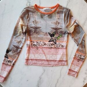 Alice + Olivia sheer mesh Butterfly print longsleeve top